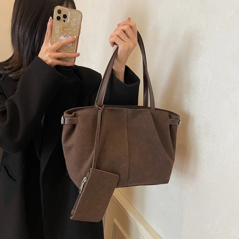 Women Suede Tote Bag with Inner Pocket Underarm Bag with Zipper Solid Color Satchel Bag for Work Travel