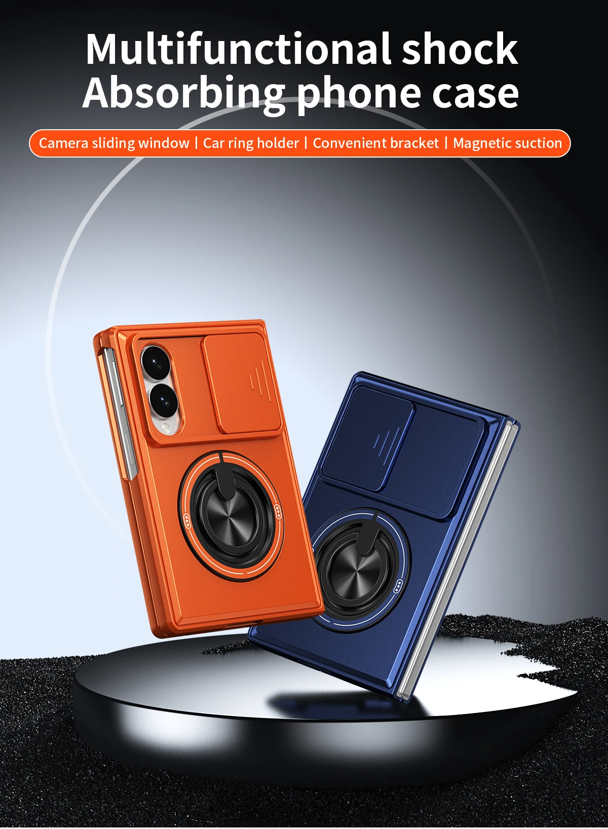 Magnetic Fold Stand Dual Layer Phone Case with Slide Lens Cover and Holder