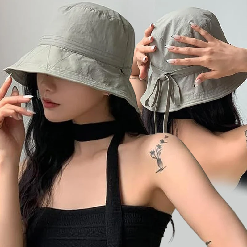 

Ins Summer Drawstring Fisherman Hat Solid Color Simple Cotton Bucket Cap Fashionable Japanese Girl Outdoor Sun Hats Sunshade