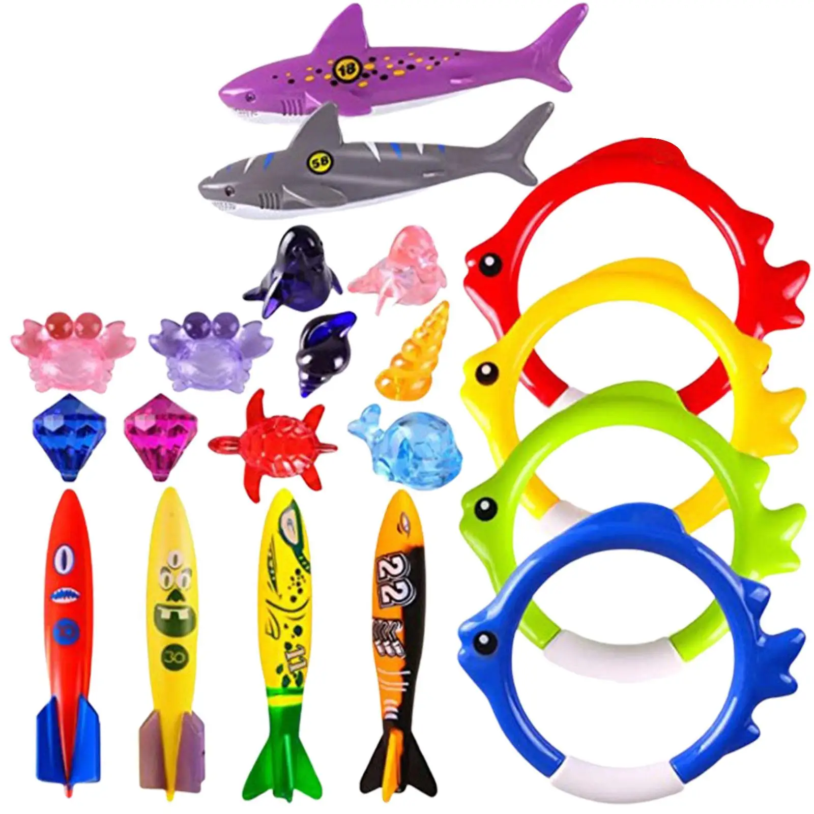 

20Pcs Summer Pool Diving Toy Shark Rings Gems Toddler Pool Toys for Diving Practice Beach Schools Kids 8-12 Boys Girls