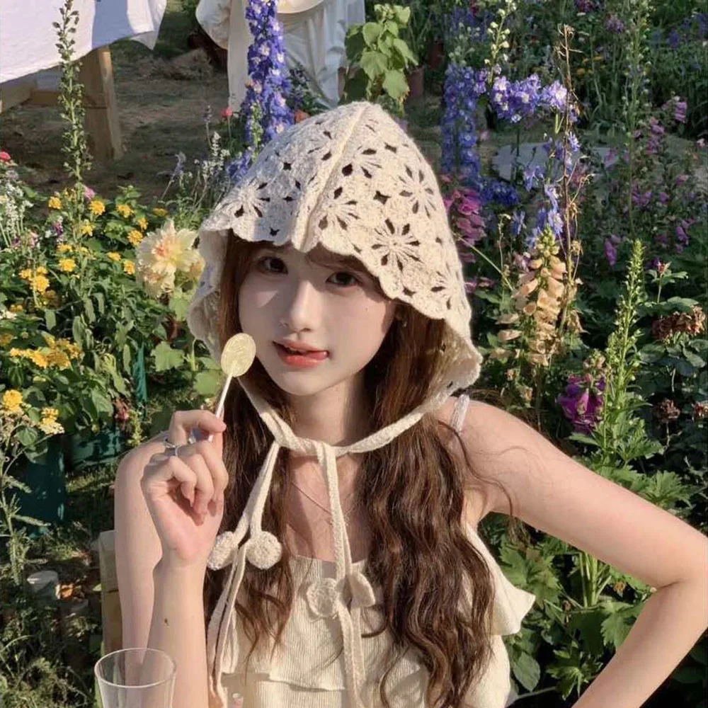 Boho Knitted Thin Hollow Handmade Crochet Korean Knitted Hats For Women Spring Summer Travel Versatile Concave Strap Beanies Cap 5