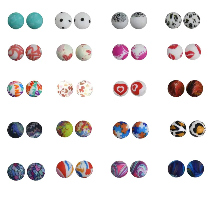 

50PCS 15MM New Aurora Red Tide Pattern Food Grade Silicone Beads DIY Making Bracelet Key Ring Keychain Accessories