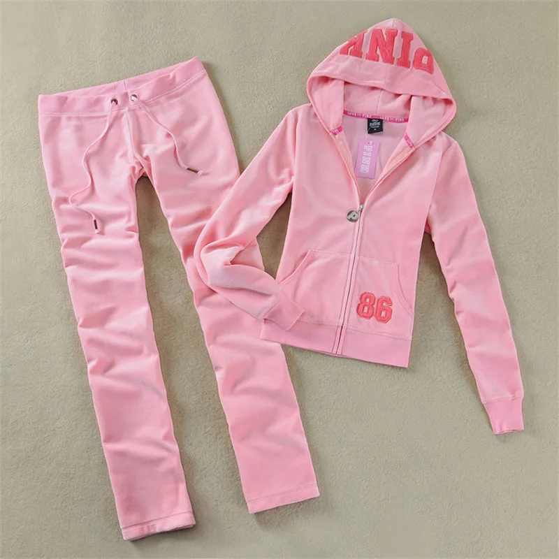 PINKWomenSportsSuit2PiecesSolidColorHoodedCardiganSweater
