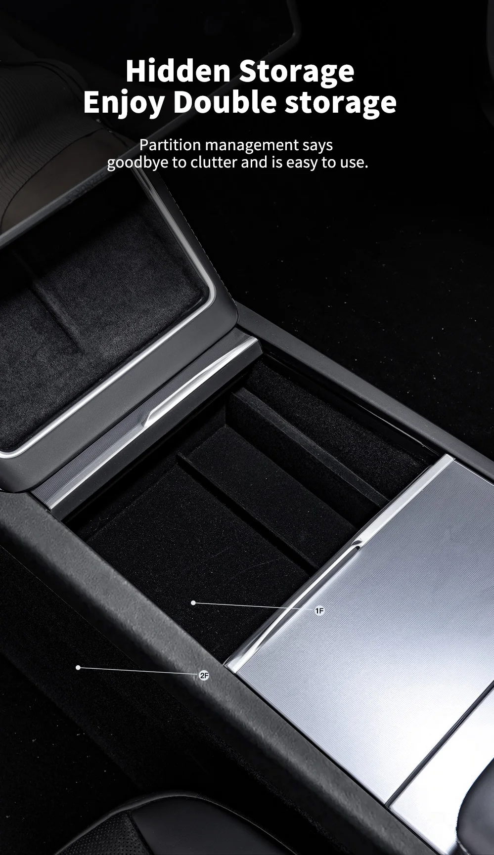 YZ für Tesla Highland Model 3Y Juniper, versteckte Aufbewahrung, Mittelkonsolen-Armlehne vorne und hinten, geschichtetes Gitter, ABS, organisierte Beflockung – Detail 9