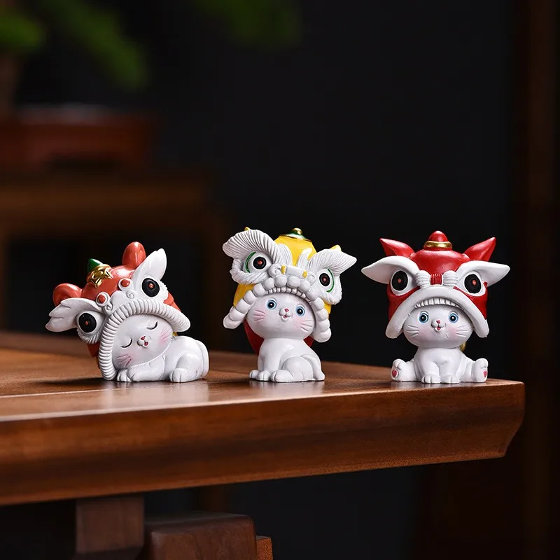 

Cute Lion Dancing Cat Ornaments Small Doll Accessories Traditional Chinese Cartoon Style Figurines Home Office Desktop Decor