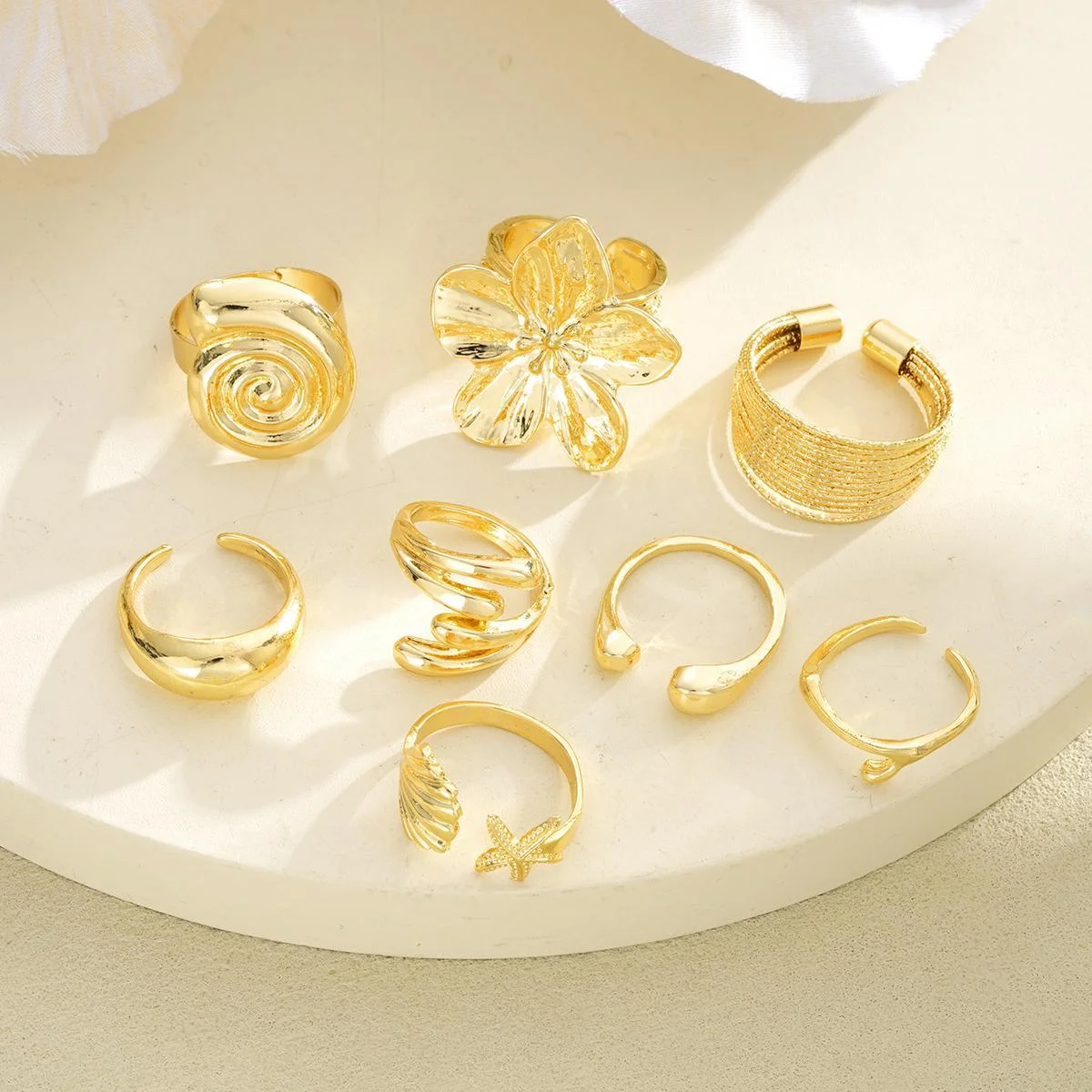 Vintage Smooth Flower Shell Design Ring Set Fashion Elegant Bohemian Starfish Personalized Ring Party Holiday Daily Wear Jewelry