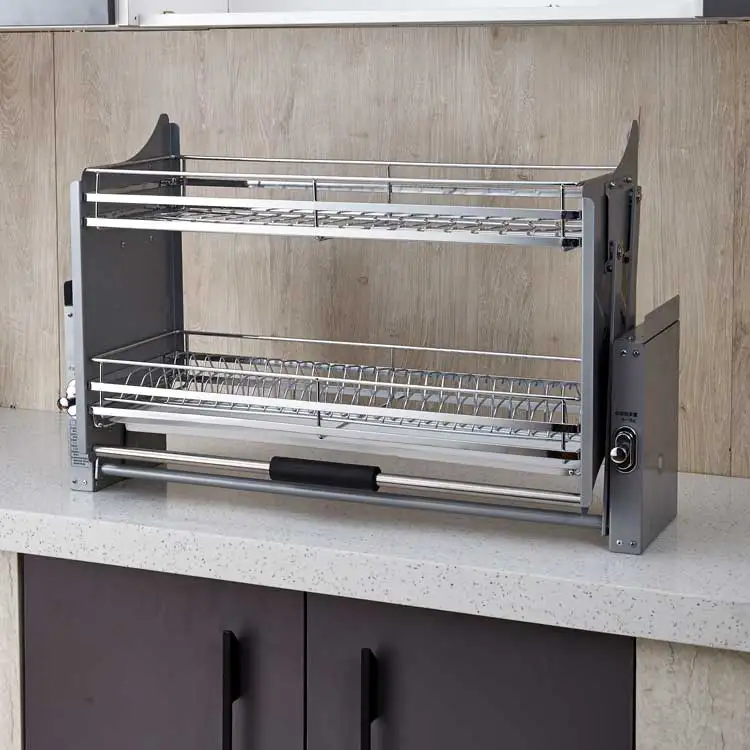 Kitchen Storage Lift Up System Plate Rack Stainless Steel Dish Rack Basket Elevator Organizer Basket