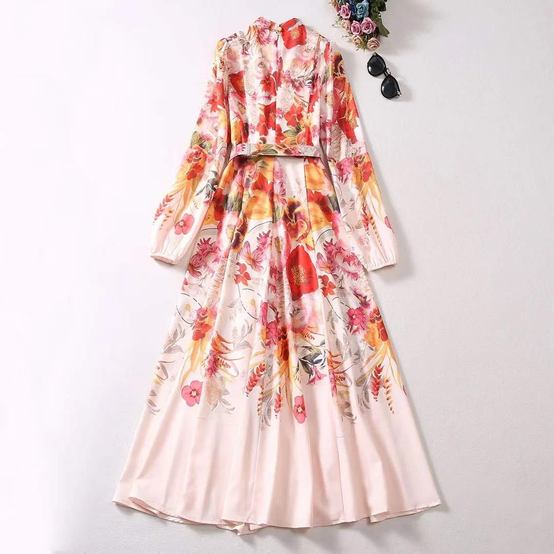 

European and American women's clothing 2023 autumn new Stand collar Long sleeve pink flower print fashion Pleated dress belt XXL