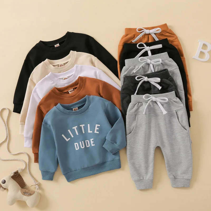 

Newborn Kid Boy Autumn Clothes Long Sleeve Letters Shirt and Long Drawstring Pant Sets Baby Clothing Infant