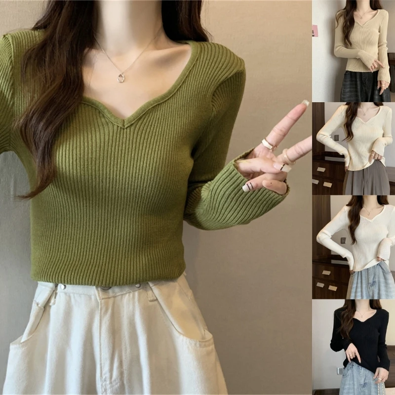 

Lightweight Sweater Women Long Sleeve Ribbed Knit V-Neck Pullover Top Shirt P8DB