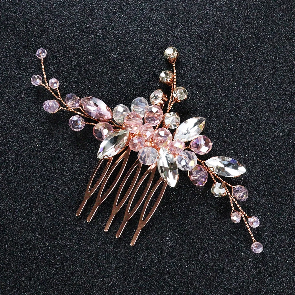 Rose Gold Crystal Hair Comb Elegant Flower Hair Jewelry Female Festival Headpieces Women Wedding Accessories for Bride