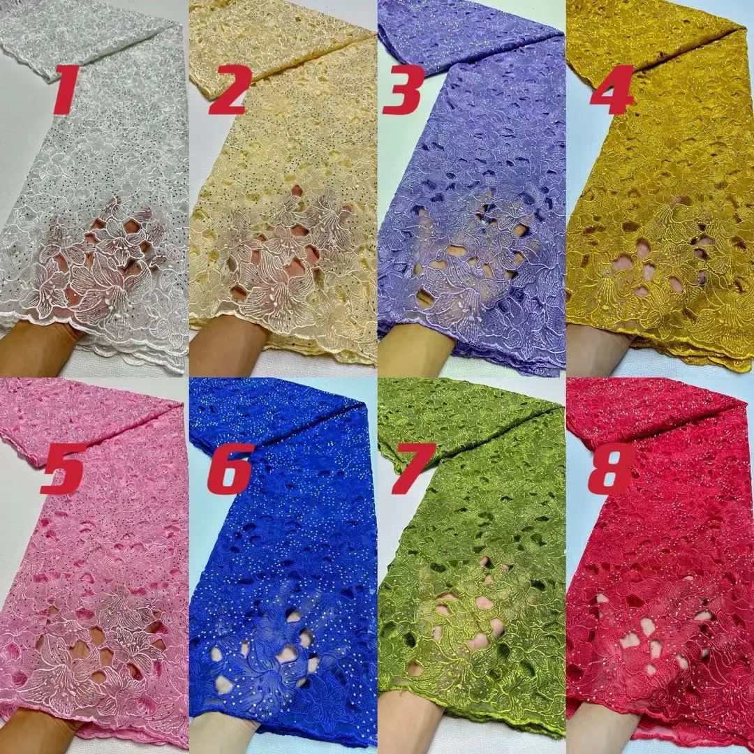 Description Picture 3 of item2024 High Quality African Nigerian Cotton Lace Fabric with Stone Wedding Party Dress Sequins for Sewing Embroidery 5Yards JL397