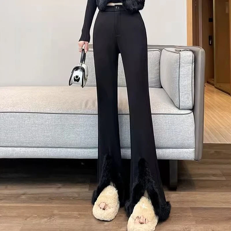 Rabbit hair flared pants for women's 2024 new autumn and winter plush black high waisted split micro flared suit pants