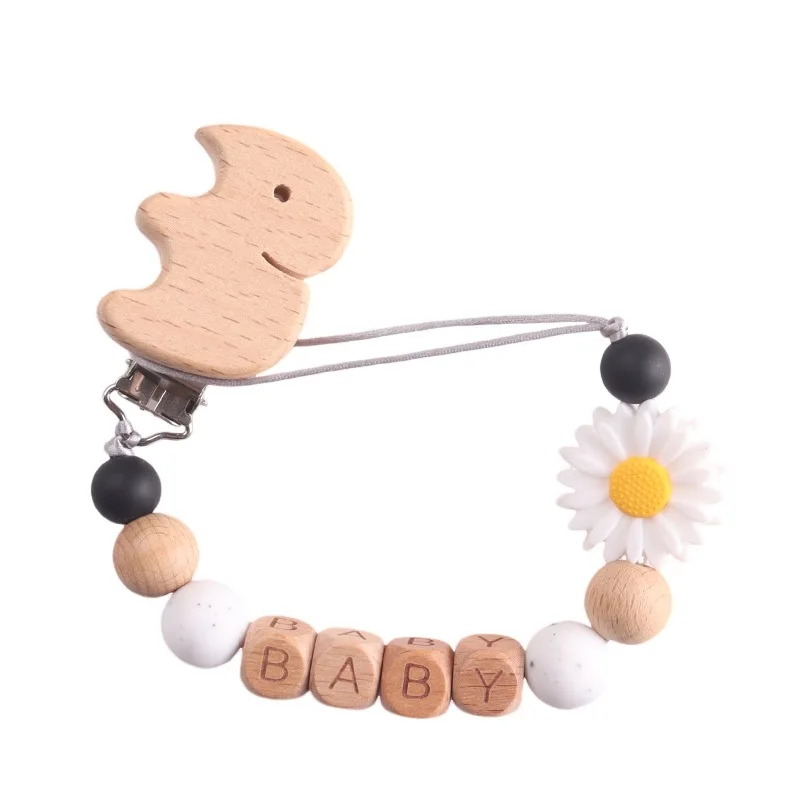 Baby Personalized Name Wooden Elephant Pacifier Baby Soother Clip with Daisy Charm Beech Wood Alphabet Beads, Anti-Drop Function