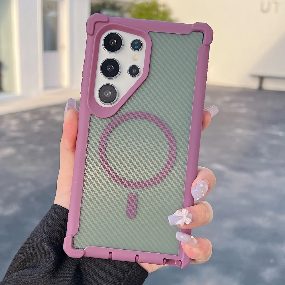 Heavy-Duty Armor Shockproof Magnetic Case with Carbon Fiber Texture and Non-Slip Silicone Bumper