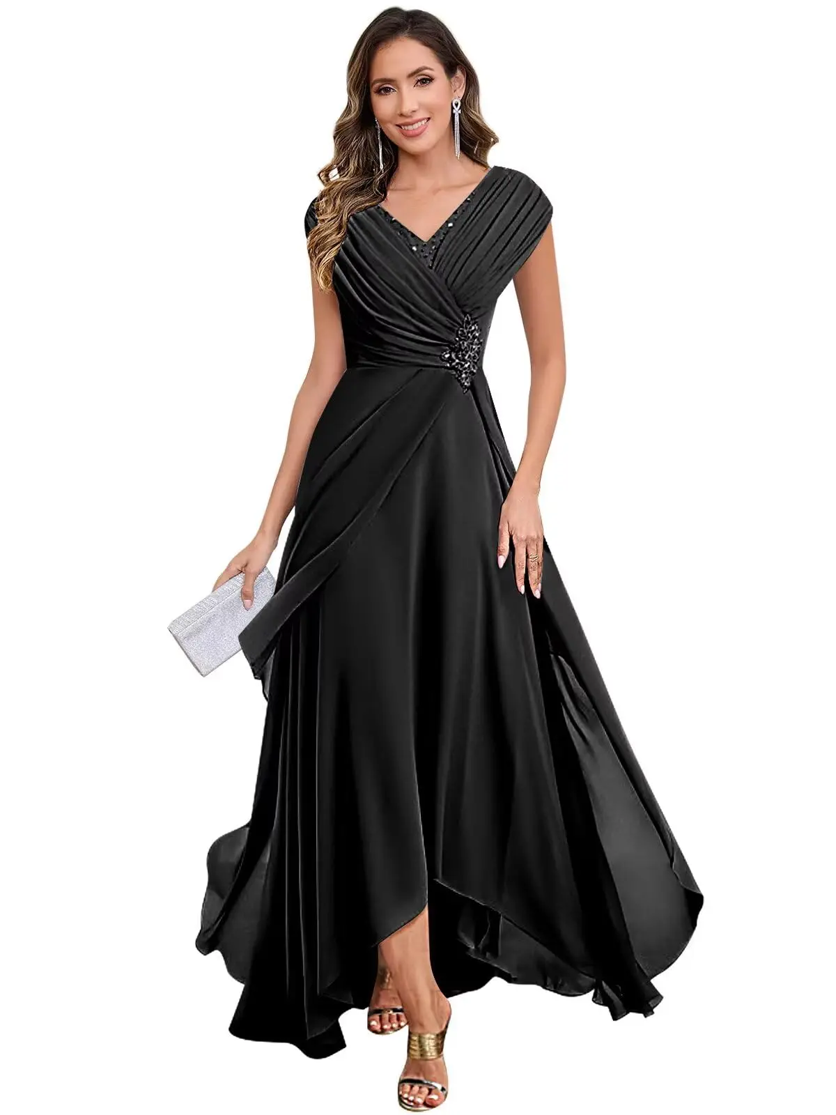 Short Formal Dresses For Older Women Azazie Tricia Black A-Line V-Neck  Pleated Chiffon Dress