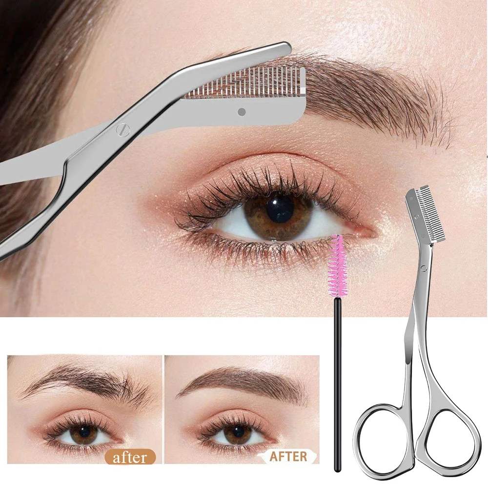 1pc Professional Eyebrow Trimmer Scissors Shaver With Comb Brush Stainless Steel Washable Brow Razor Women Beauty Makeup Tool eyebrow trimmer set eyebrow razor set eyebrow scissors eyebrow razor eyebrow trimmer