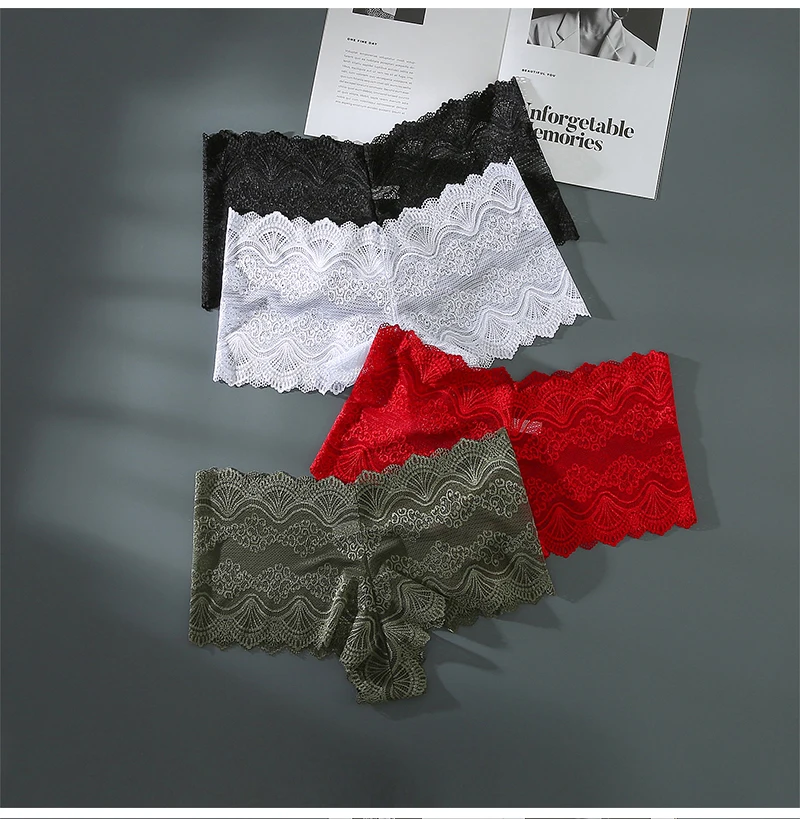 

3PCS/Set Women Sexy Lace Panties Perspective Underwear Solid Color Floral Intimates Boyshort Female Breathable Soft Lingerie