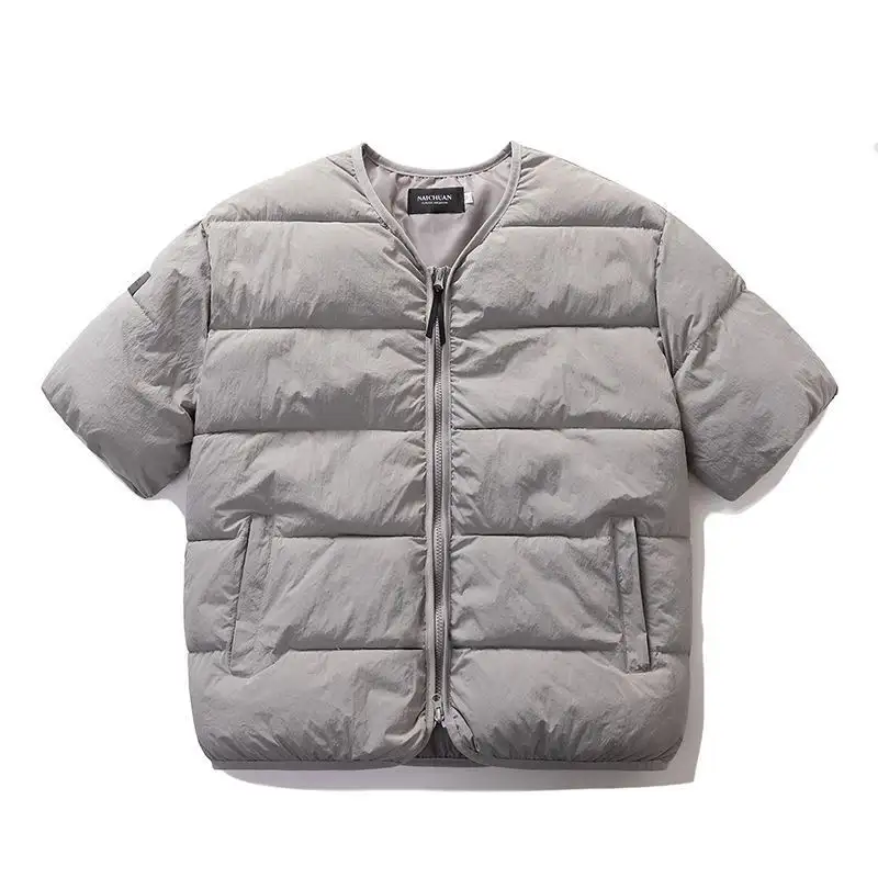 Japanese Couple Short Sleeved Cotton Padded Jacket for Autumn Winter New Warm Collarless Zipper Vest Parkas Men Trendy Outerwear - Image 9