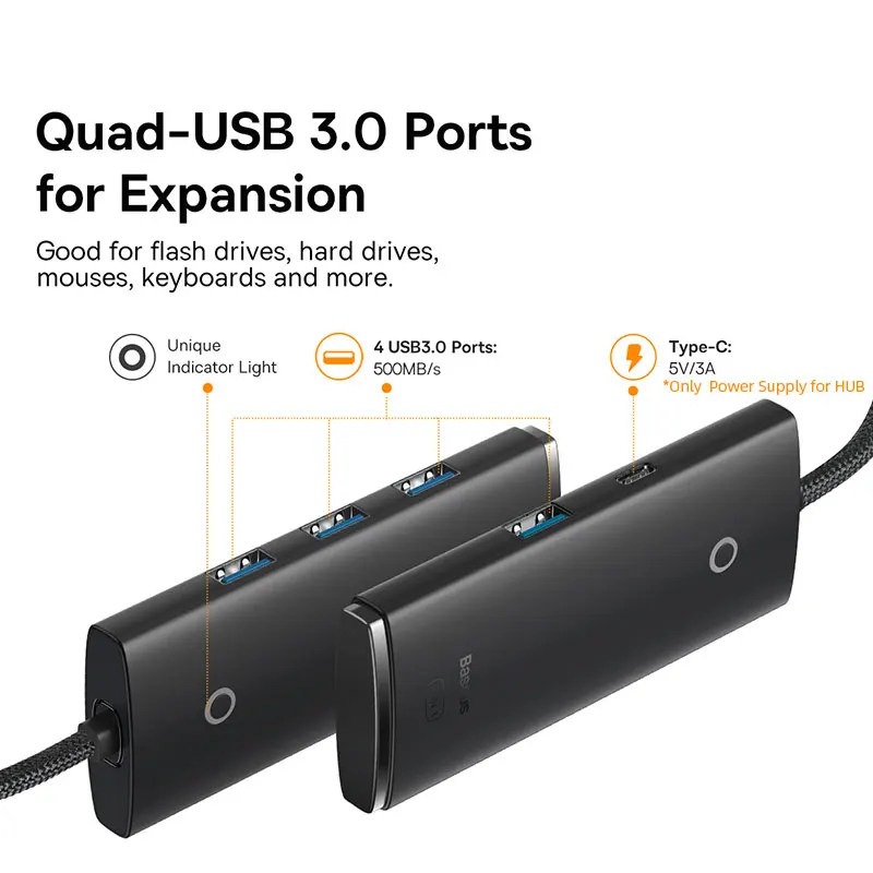 Baseus USB HUB 4 in 1 Expand Type C to Multi USB 3.0 Adapter for Computer Laptop Tablet Desktop PC Car Reader 5Gbps Splitter HUB — view 2