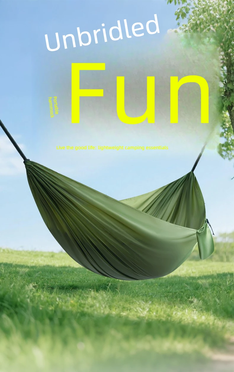 210 x 140 cm tragbare Outdoor-Camping-Hängematte, hängendes Bett aus hochfestem Fallschirmstoff für Sommer, Strand, Wandern, Outdoor-Aktivitäten – Detail 1