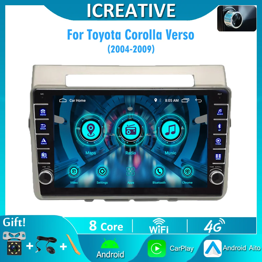 Icreative Autoradio Per Toyota Corolla Verso 2006 + Gps Bt Carplay Lettore Multimediale Video 4G Wifi Android Audio Stereo Head Unit