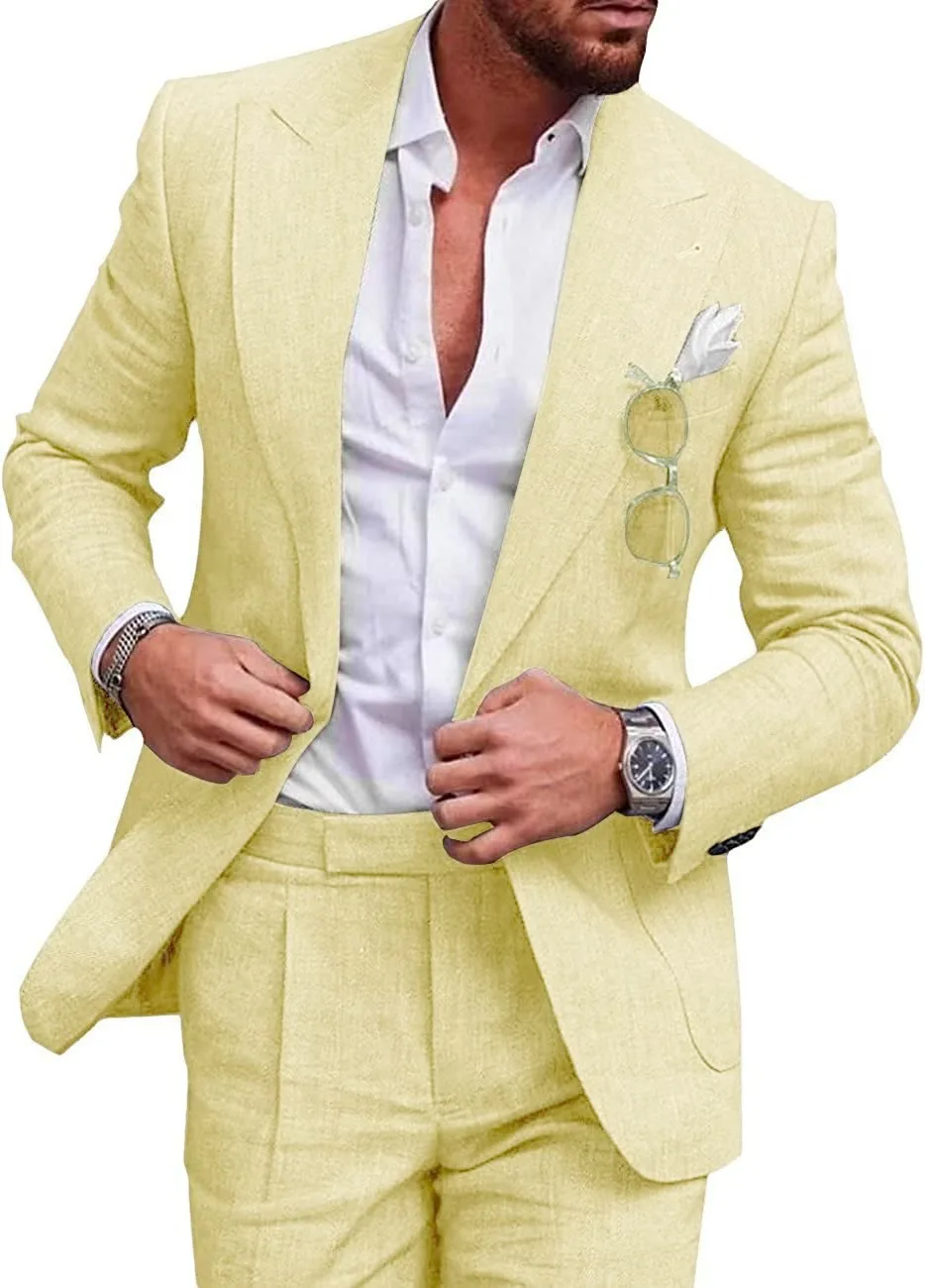 High Quality Linen Suits for Men 2 Piece One Button Male Suit Slim Fit Fashion Casual Wedding Party Solid Smart Casual Suits Man