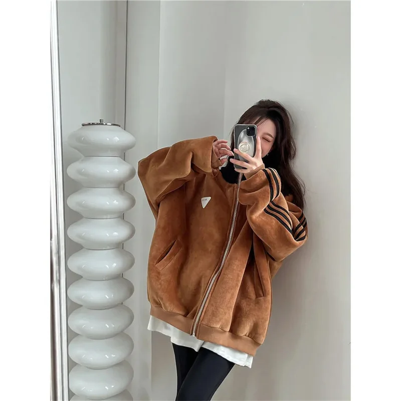 Anti Lamb Wool Coat Women Fat MM2023 Winter New Korean Version Loose Simple Versatile Plus Fleece Thickened Baseball Jersey Top