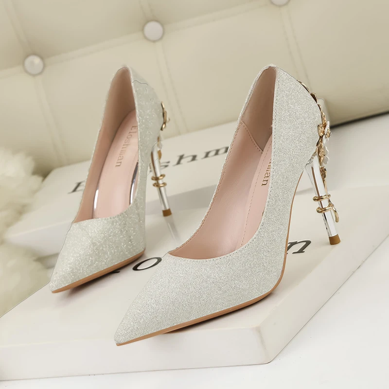 Elegant Women Shoes Pumps Metal Flower Classic Pumps Ladies High Heels Comfortable Sequins Pointed toes Dress Shoes