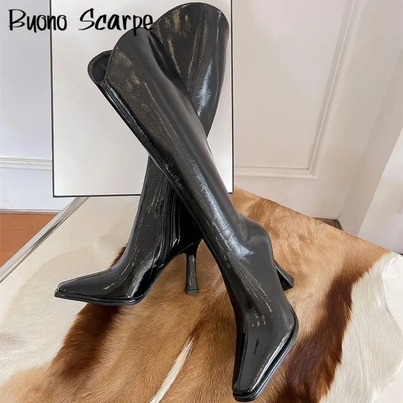 

Сапоги женские из лакированной кожи на очень высоком каблуке, высокие сапоги до колена, квадратный носок, боковая молния, на шпильке, Осень-зима