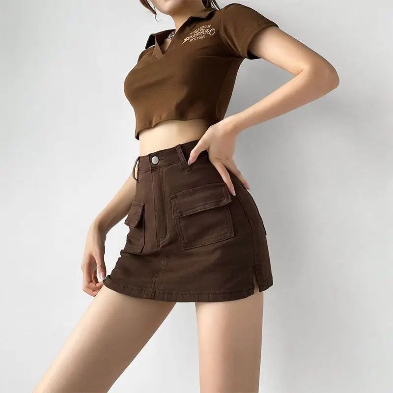 American Retro Coffee Color Mini Skirts Shorts Women Summer New High Waist Slim A-line Denim Short Skirt with Pocket