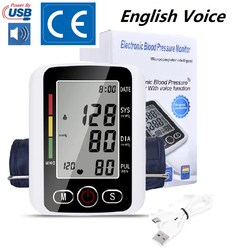 USB Digital Arm Blood Pressure Test Kit Cuff Sensor Monitor BP Automatic Pressure Tonometer Tensiometer Heart Rate Pulse Meter