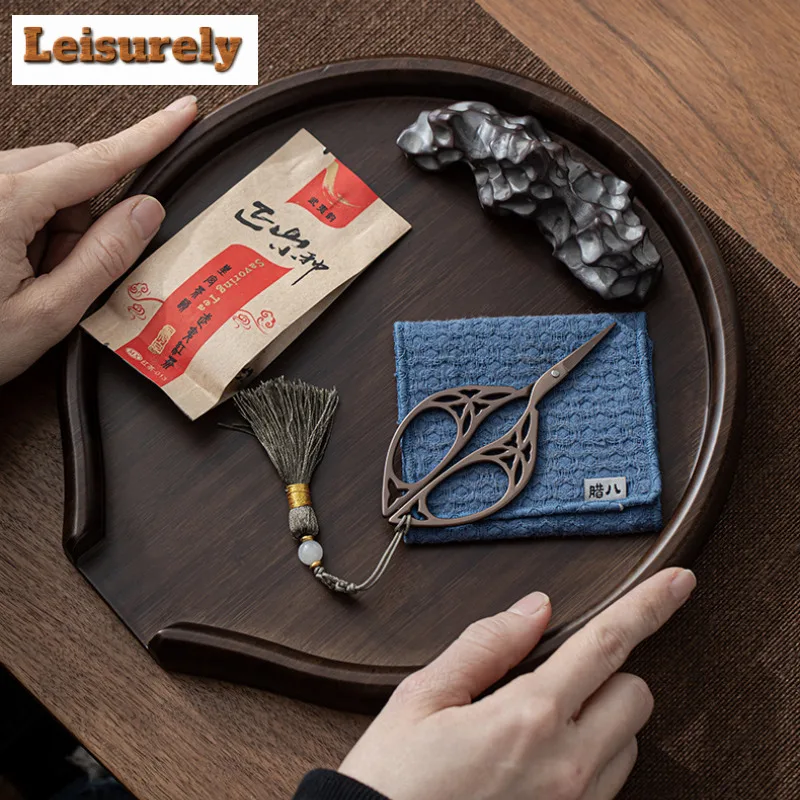 Retro Tassel Titanium Gold Tea Bags Scissors Embroidery Cutting Sewing Tailor Shears Handicraft DIY Household Tea Ceremony Gift