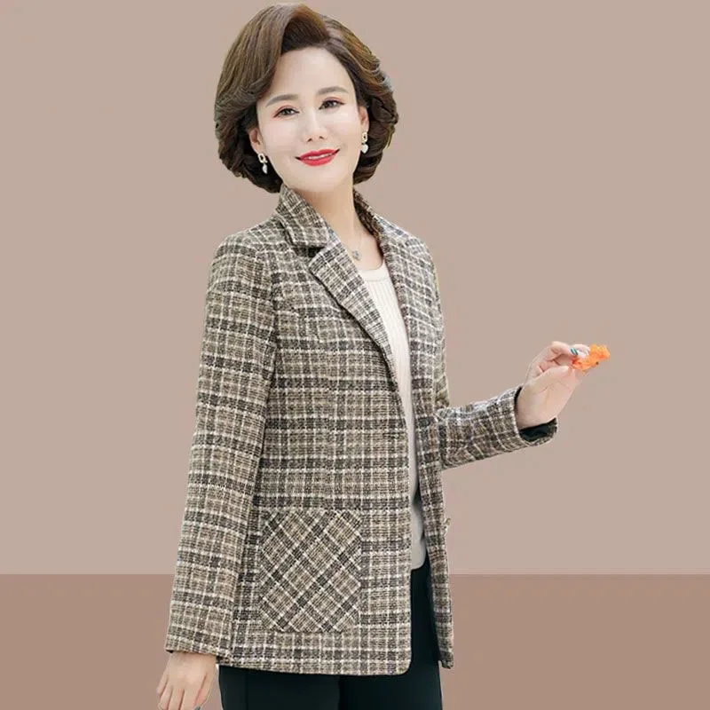 

Женская шерстяная куртка в клетку, короткая однобортная куртка среднего возраста, верхняя одежда в Корейском стиле, весна-осень 2023
