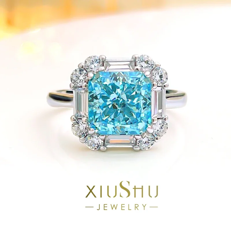 

Desire Fashionable Artificial Aquamarine 925 Sterling Silver Square Ring Inlaid with High Carbon Diamond New Style