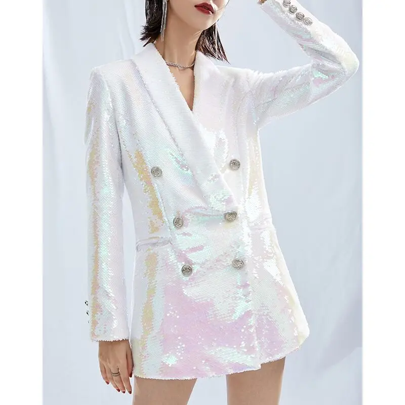 

Pink White Long Suit Coat Collar Glitter Sequin clothes for women Bar Stage Shiny Casual Blazers Women Double Breasted Shawl