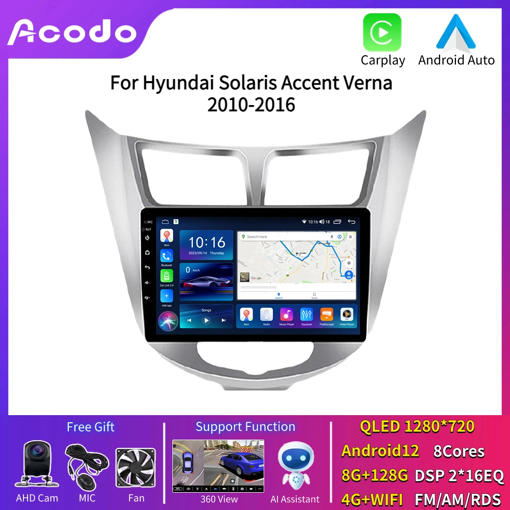 

Автомобильный радиоприемник Acodo для Hyundai Solaris Accent Verna 2010 - 2016 Android 12, автомагнитола со встроенным экраном IPS Carplay WIFI