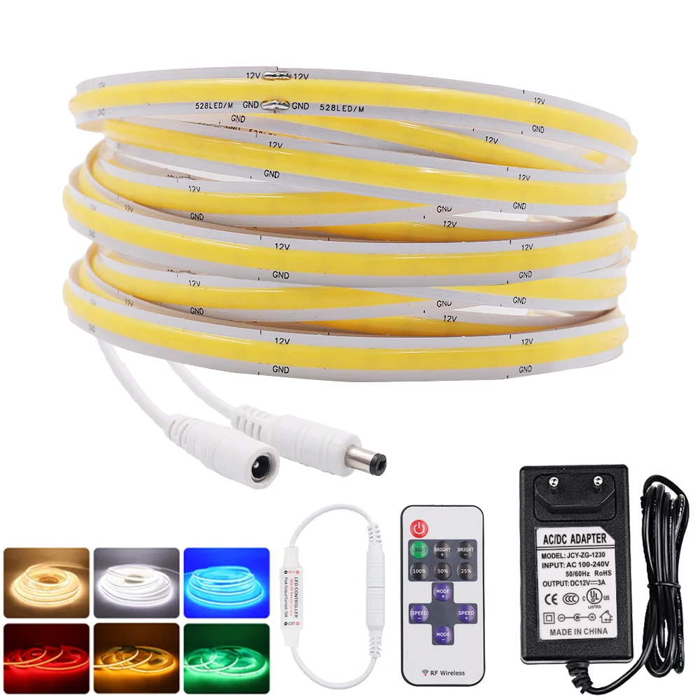 

Dimmable COB LED Strip 12V 24V 320 384 528 LEDs/m High Density Flexible LED Tape with RF Remote Control Red/Green/Blue/White