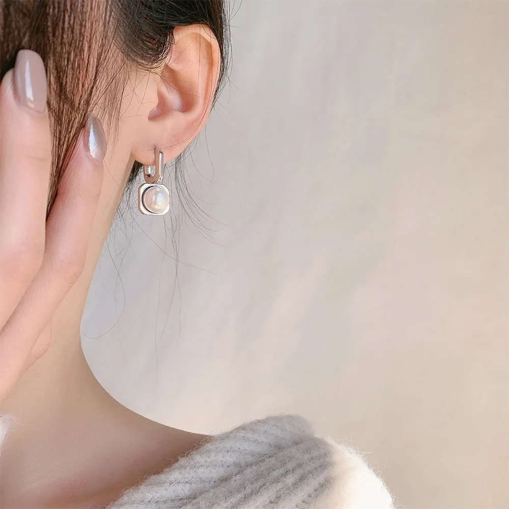Boucles d'oreilles pendantes en argent regardé 925 pour femmes, perle de coquillage, piercing d'oreille géométrique, mode, bijoux fins, timbre pur