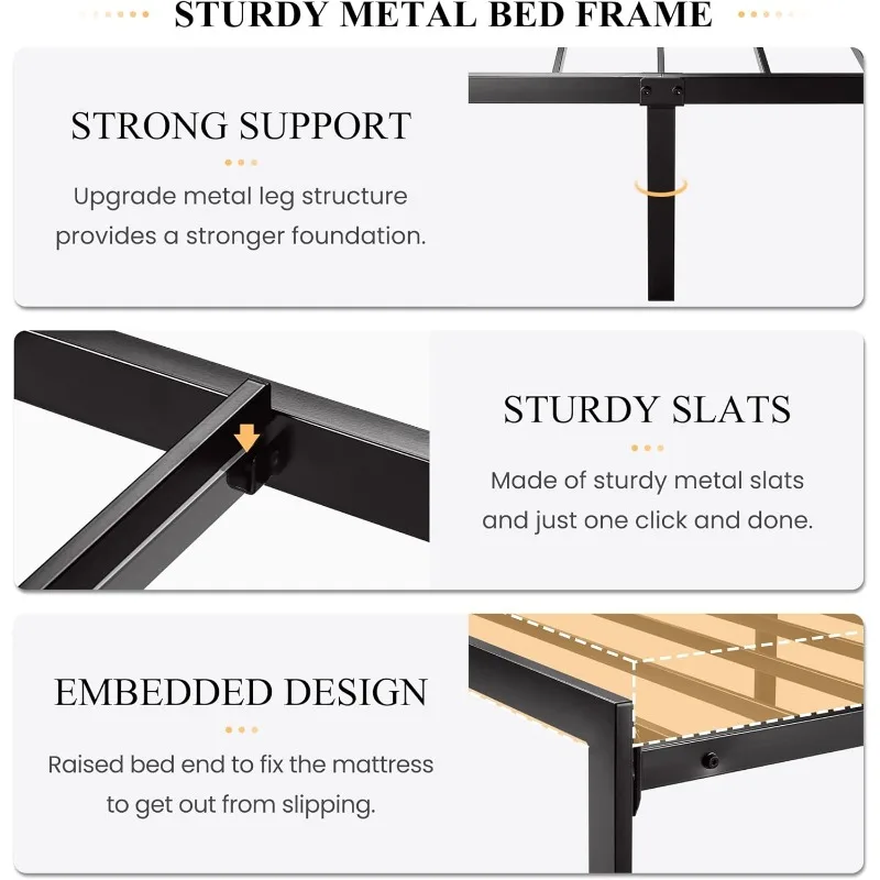Twin Size Platform Bed Frame with Upholstered Headboard, Metal Slats Support, Button Tufted Square Stitched Headboard 5