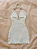 Women's V-Neck Strapless Dress, Hollow Out, Wooden Bead, Slim Fit, Gradient Color, Knitted, Sexy, Vacation Wear - Image 2