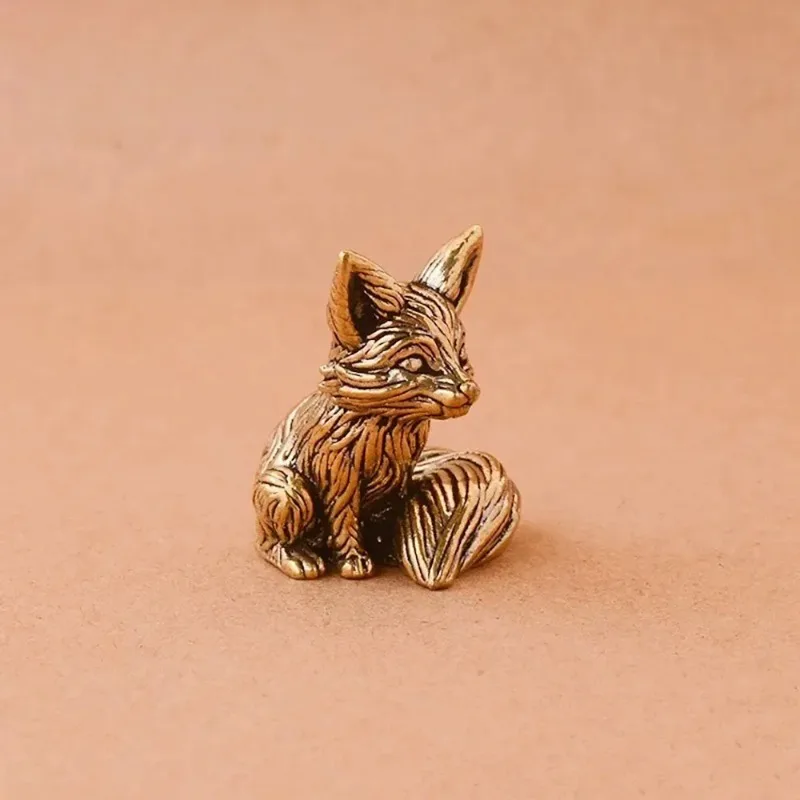 Brass Fox Statue Cute Fox Miniature Figurines Desk Decorations Accessories Copper Animal Sculpture Home Decor Crafts