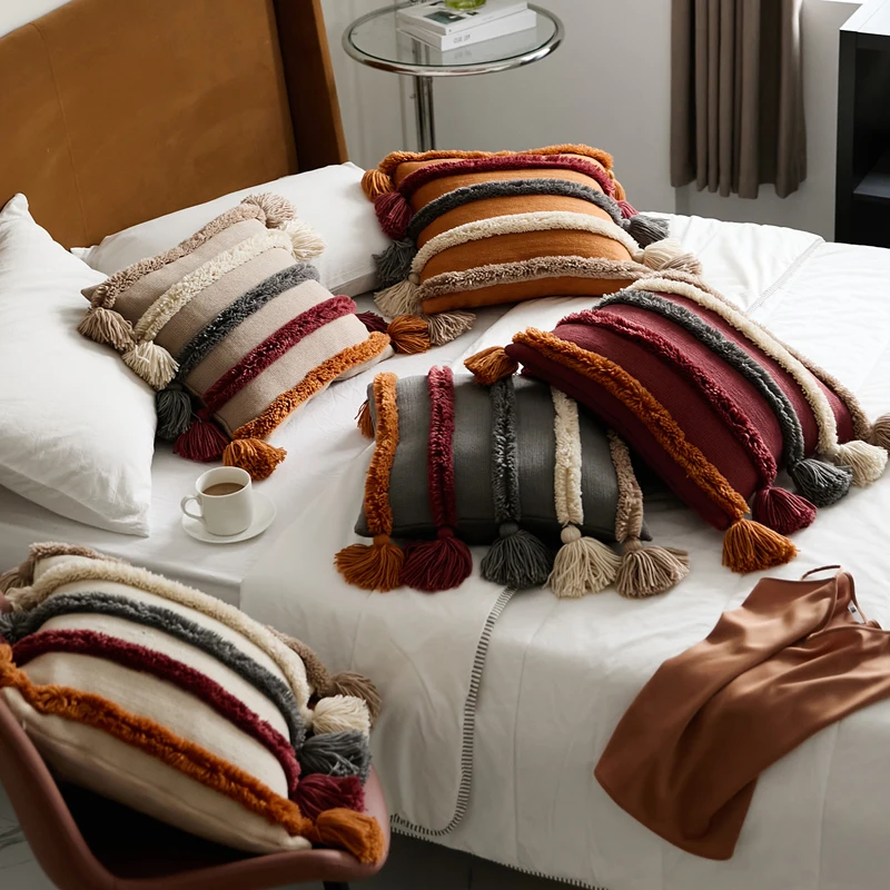 

Home Decor Cozy Bohemia Cushion Cover Decorative Pillow Case Modern Simple Stripe Tufting Soft Knitting Sofa Chair Bed Coussin