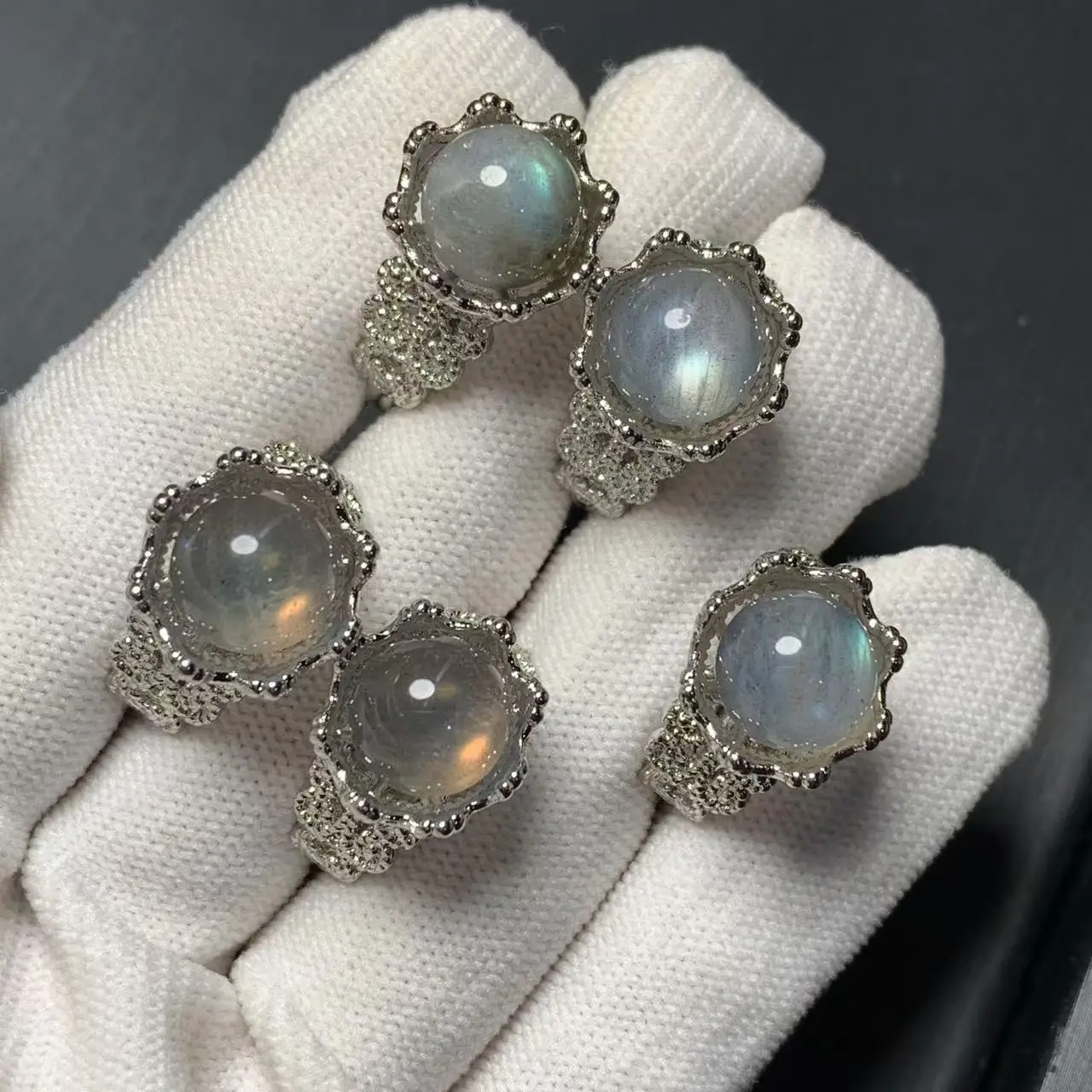 10MM Natural Moonstone Ring Adjustable Female  Ring Jewelry for Women Gift Wholesale High Quality Vintage Fine