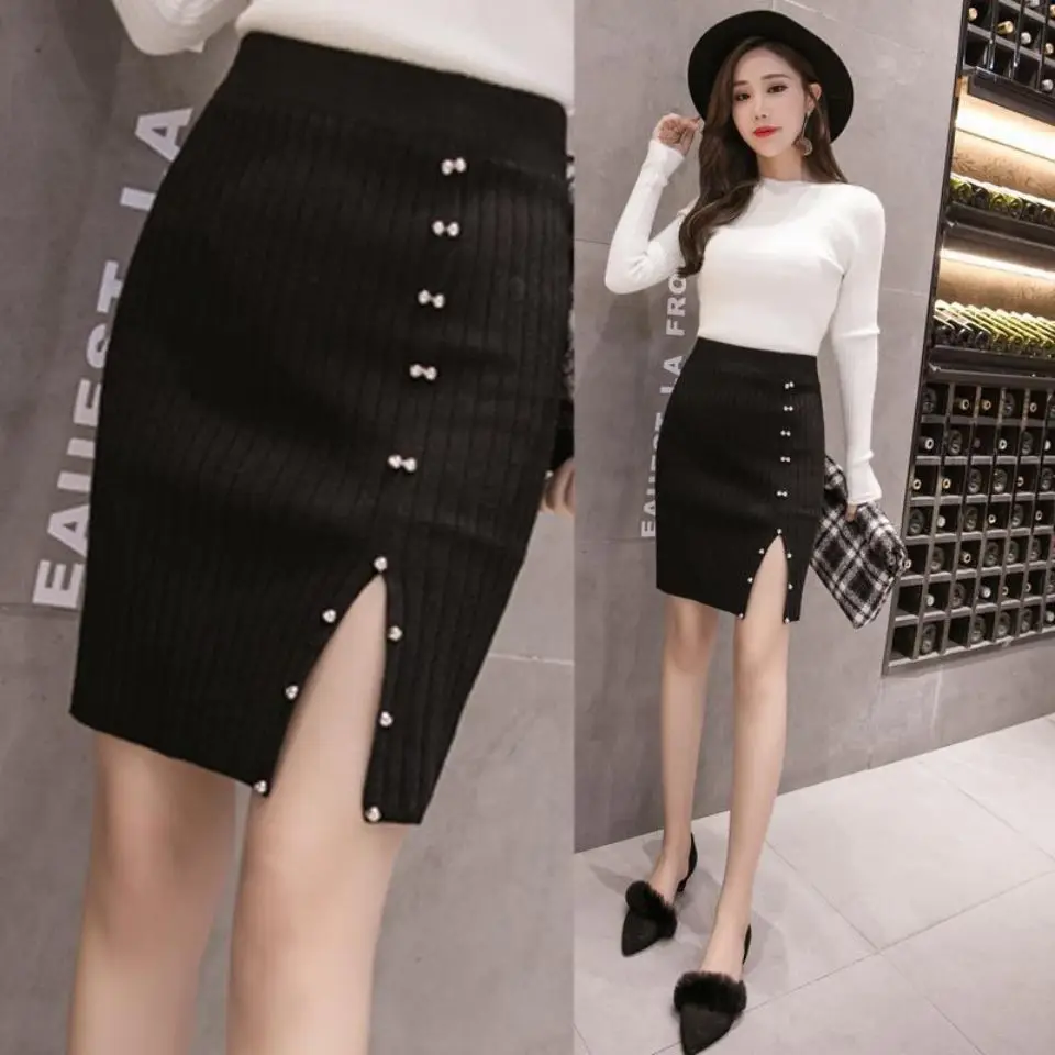 

Женская облегающая юбка с запахом, тонкая трикотажная короткая юбка с разрезом и стразами, корейская модная одежда для путешествий