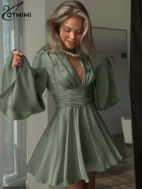 Oymimi Elegant Green Satin Mini Dress – Chic & Sophisticated 1