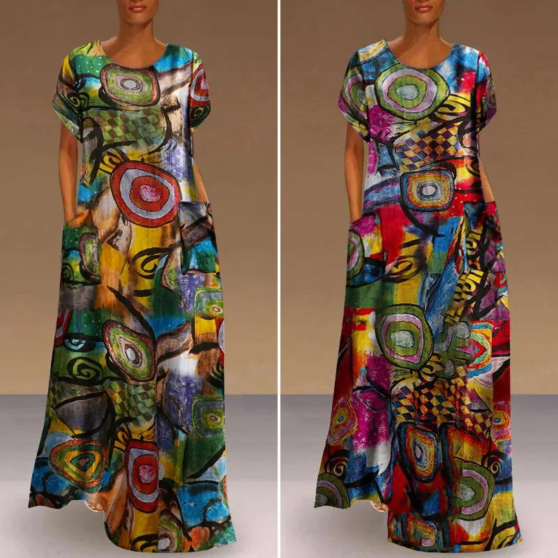 

Women's Vintage Short-sleeved Loose European And American Long Skirt Crew-neck Digital Print Dress