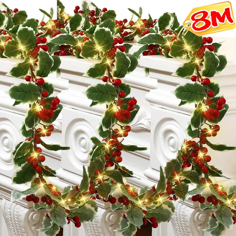 Artificial Plants Christmas Holly Berry Vines Fake Green Leaves Hanging Garlands with Light Strings for Home Party Xmas Decor