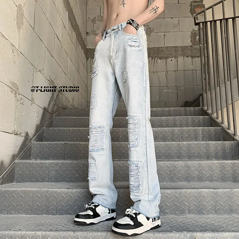 men's summer American high street slim fit distressed micro flared pants versatile casual pants cargo pants  ripped jeans