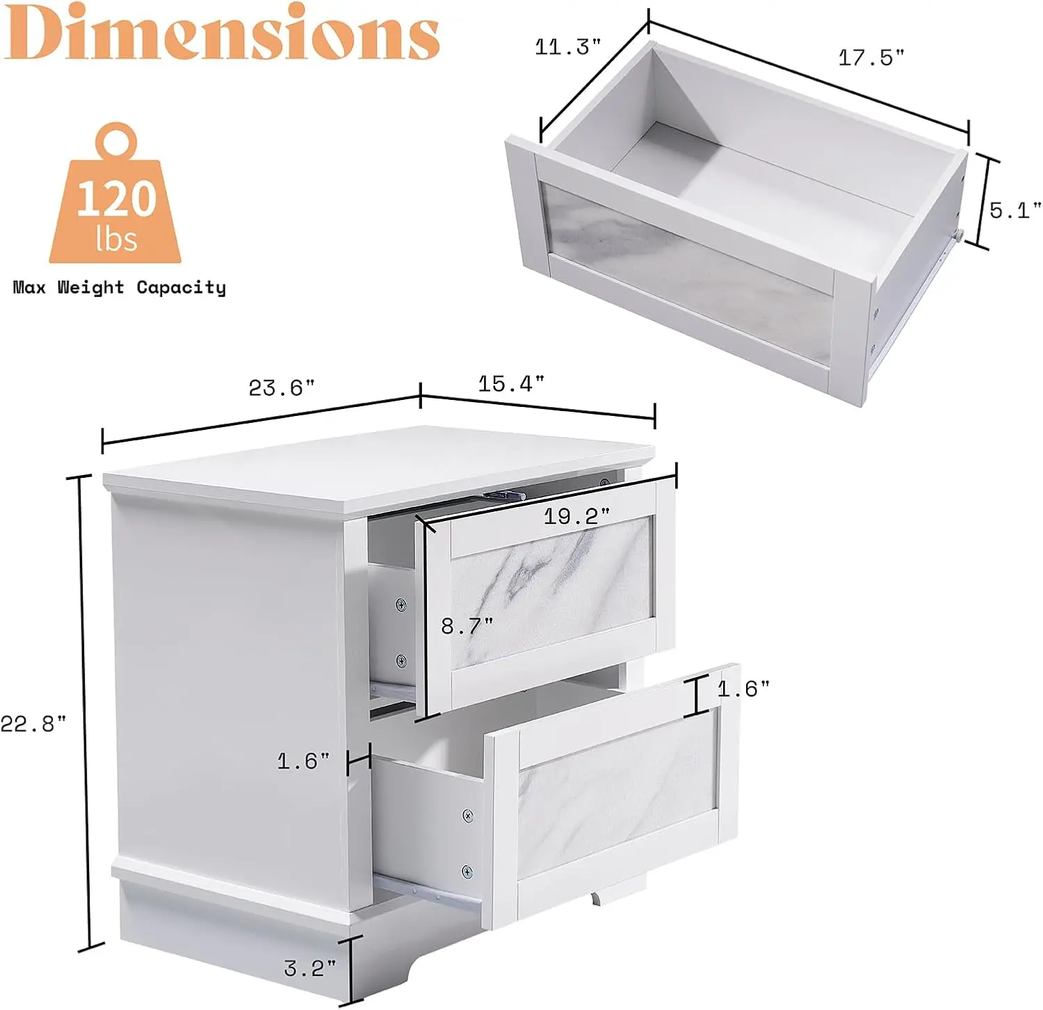 Luxury Natural Marble Nightstand Set of 2 with Drawers, High Gloss Side Tables in Living Room, Storage End Table